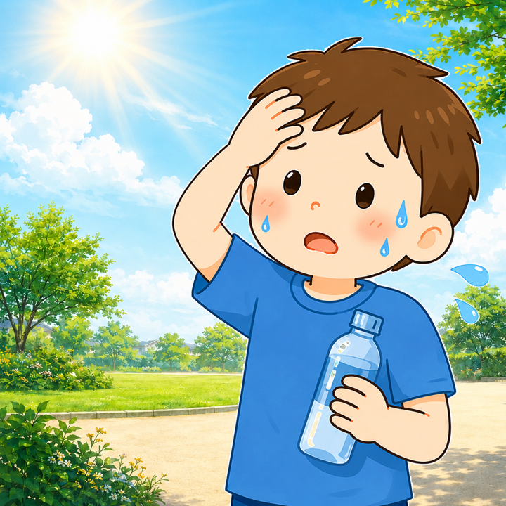 暑さで汗をかき、水分補給をしようとしている子どものイラスト